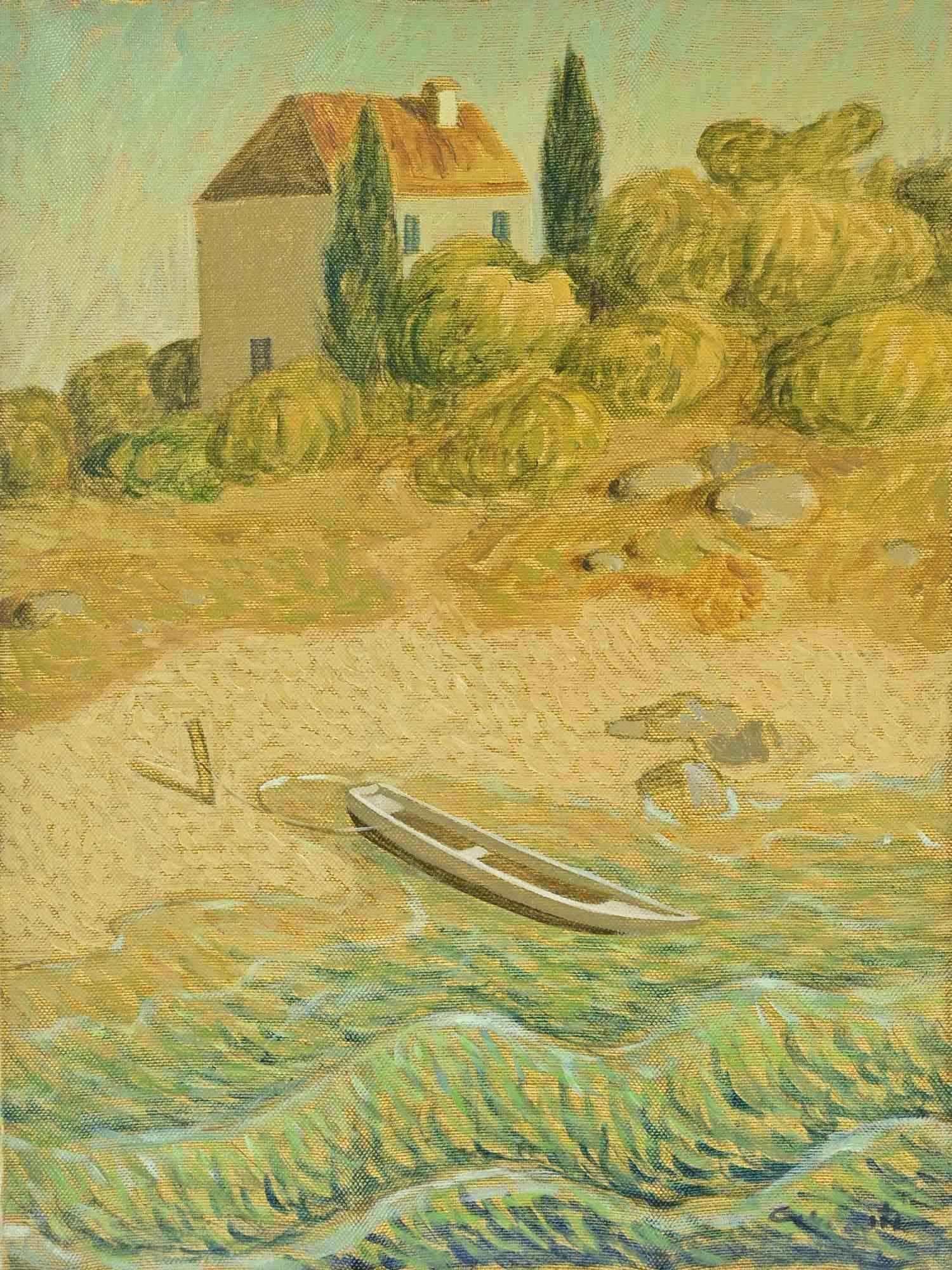 Modernist Oil Painting Abstract Dock with Boat Judith Shahn