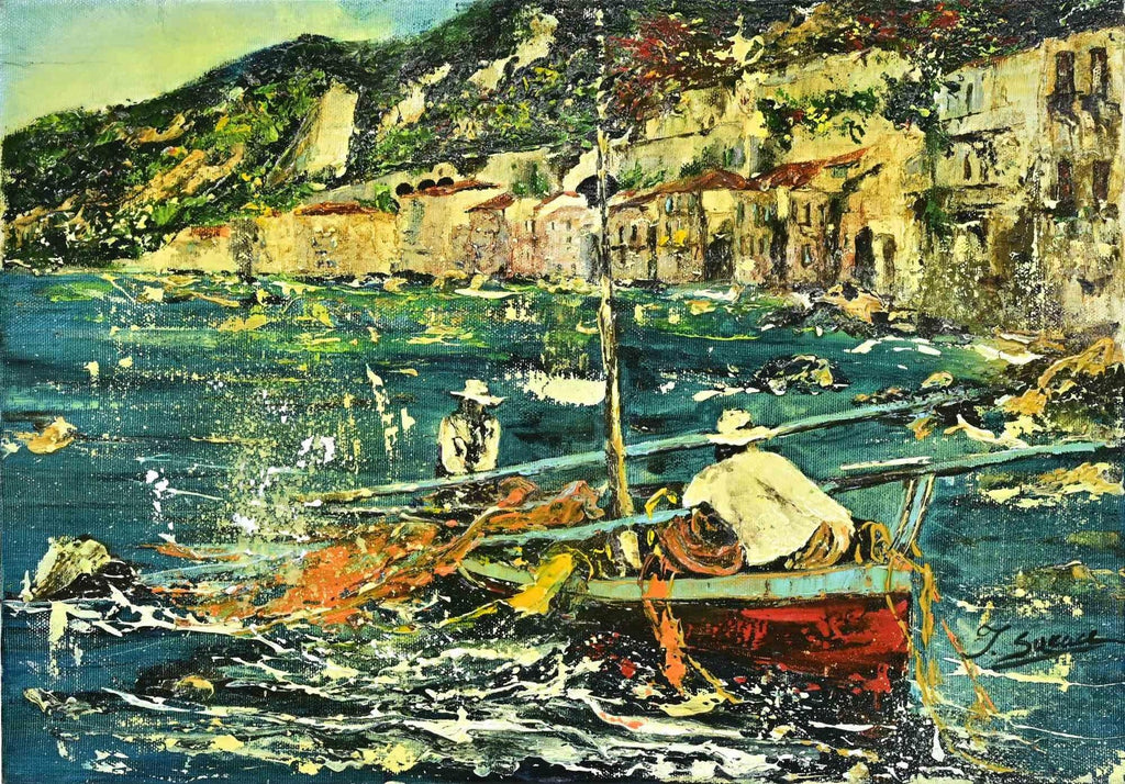 Surrealist Bulgarian French Israeli Riviera Scene Boats Oil Painting
