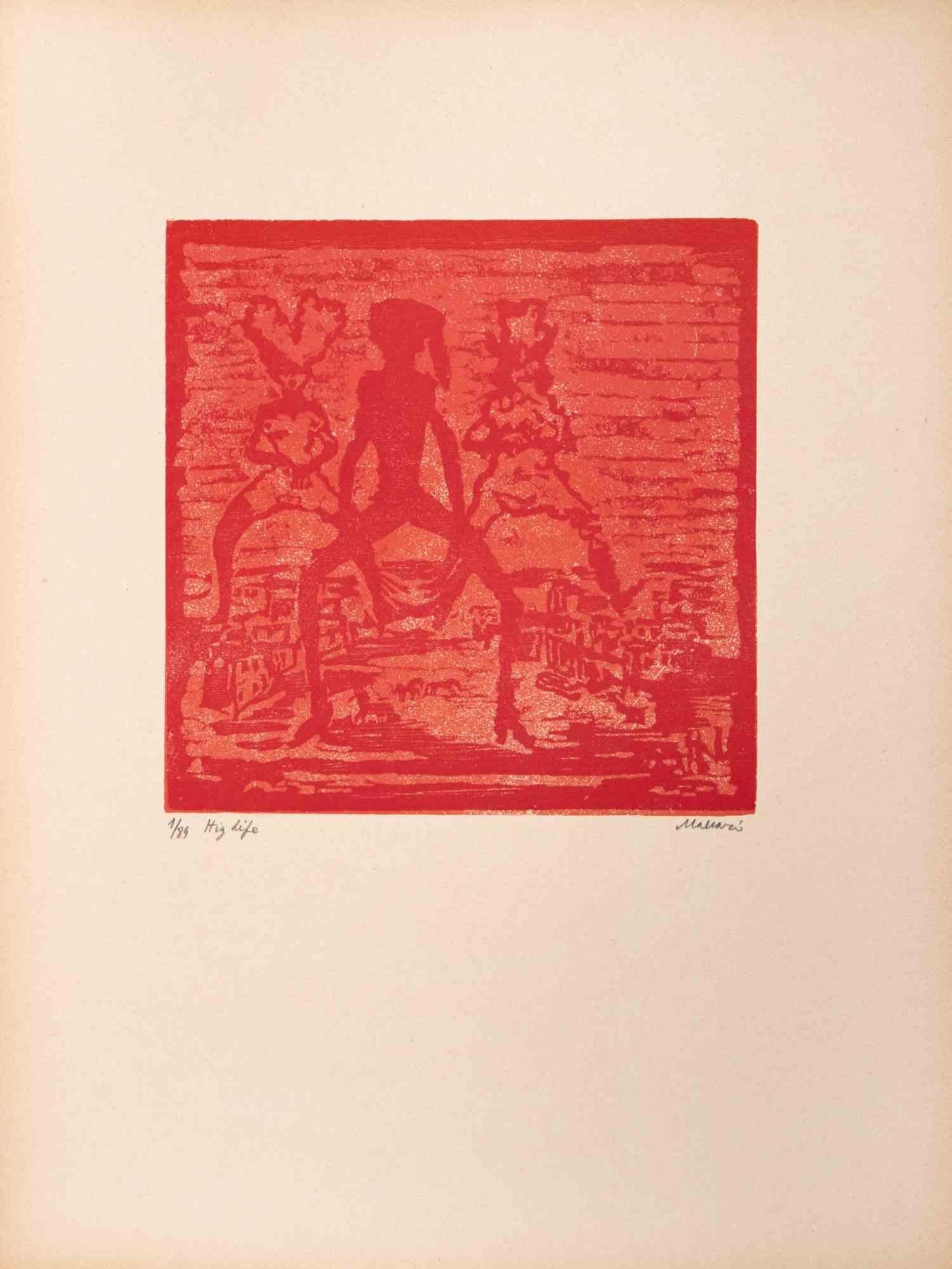 Vintage Vibrant Mod Divine Comedy Dante Virgil Woodblock Woodcut Print