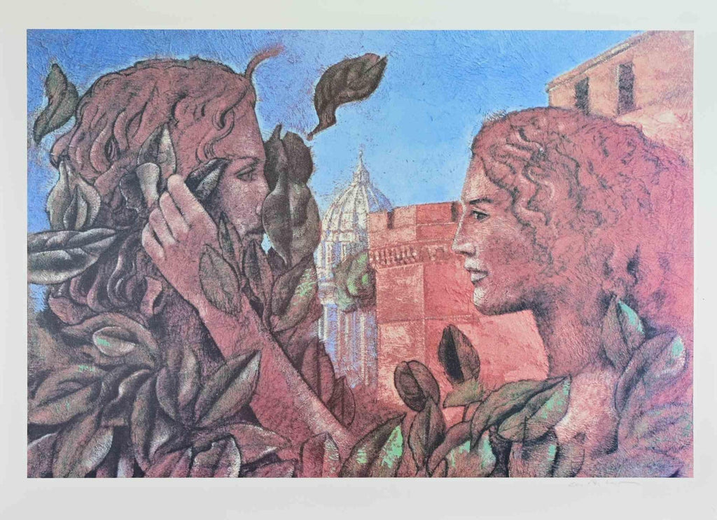 Al Quattro Large Surrealist Modernist Lithograph Embracing Couple