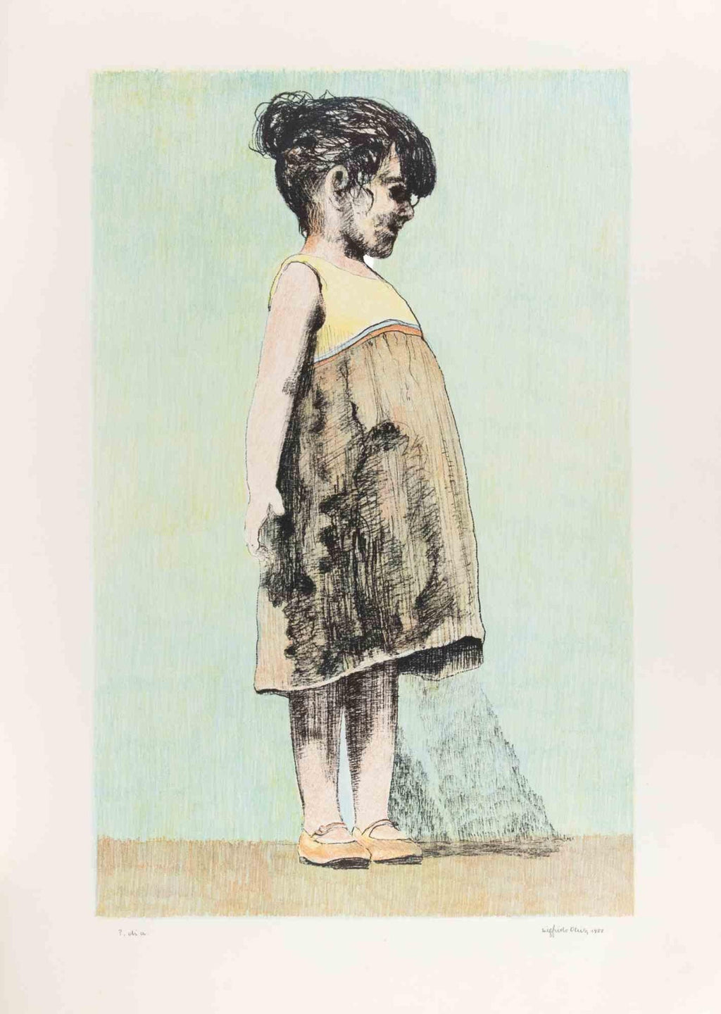 Hand Colored Etching Cuca Romley Naive Folk Art Young Girl Period Frame