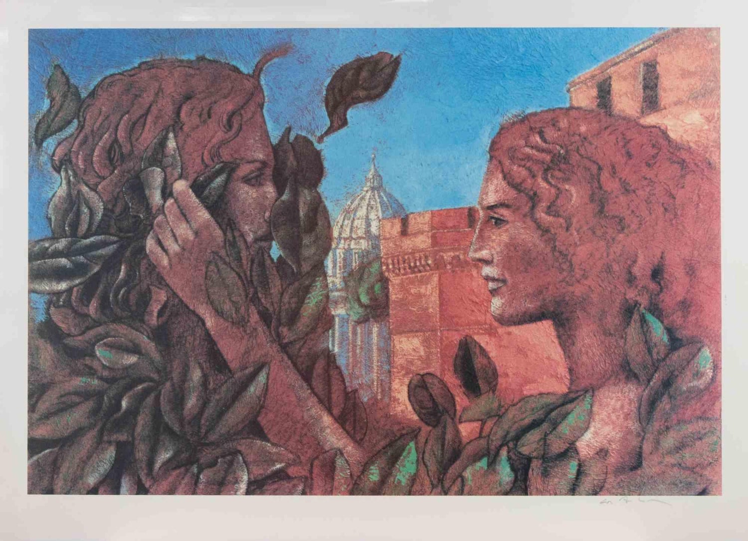 Al Quattro Large Surrealist Modernist Lithograph Embracing Couple