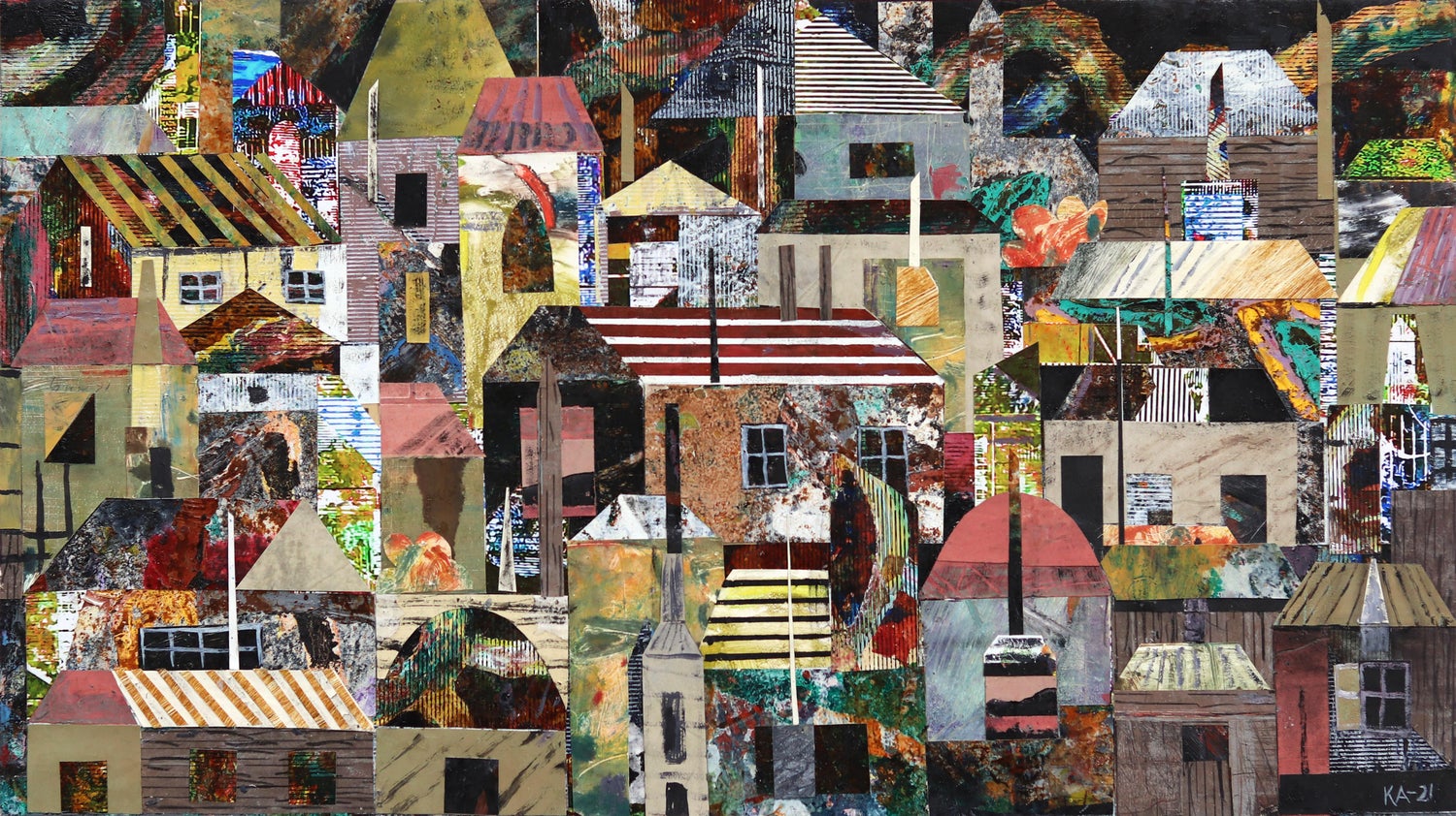 Mixed Media Asian Abstract Collage Painting Katherine Chang Liu Chinese American