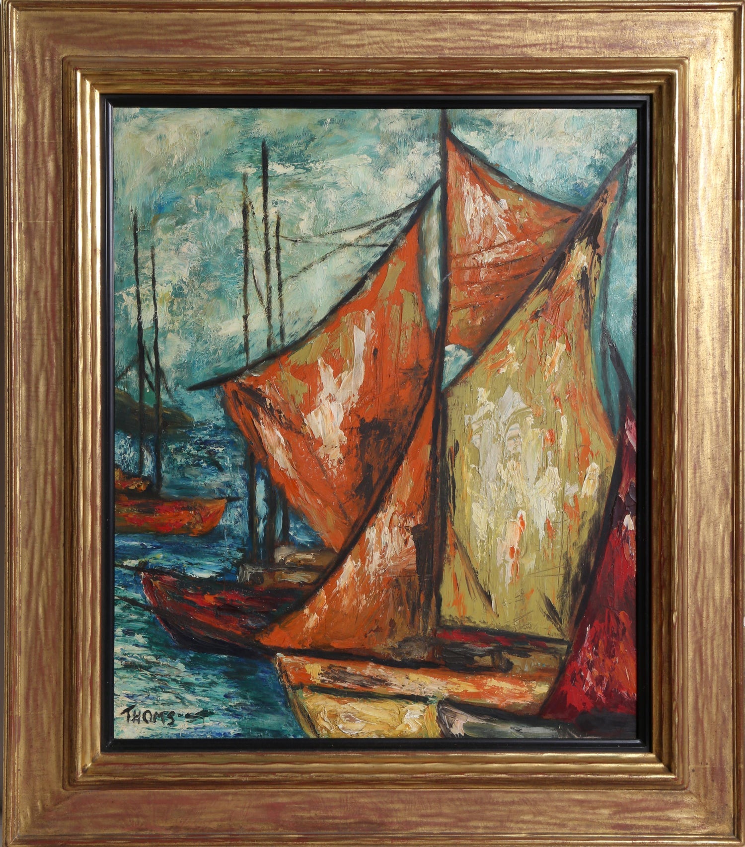 Israeli Modernist Abstract Expressionist Gouache Painting Boats