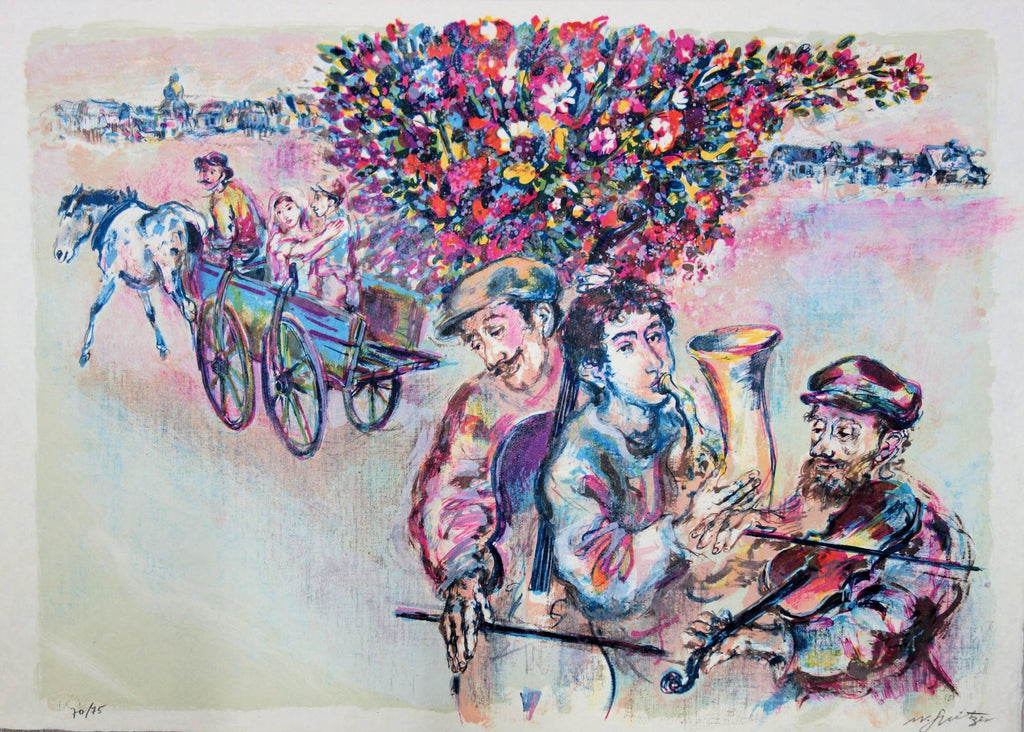 Colorful Russian French Judaica Jewish Shtetl Wedding Lithograph Mourlot Paris