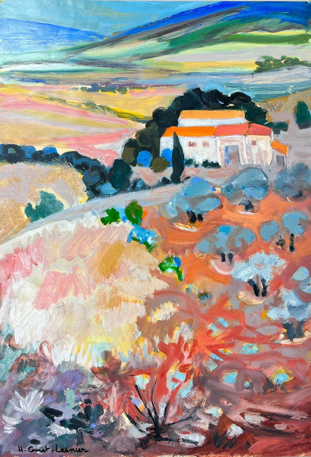 Large Colorful French Oil Painting Greek Island Landscape Flowers George Blouin