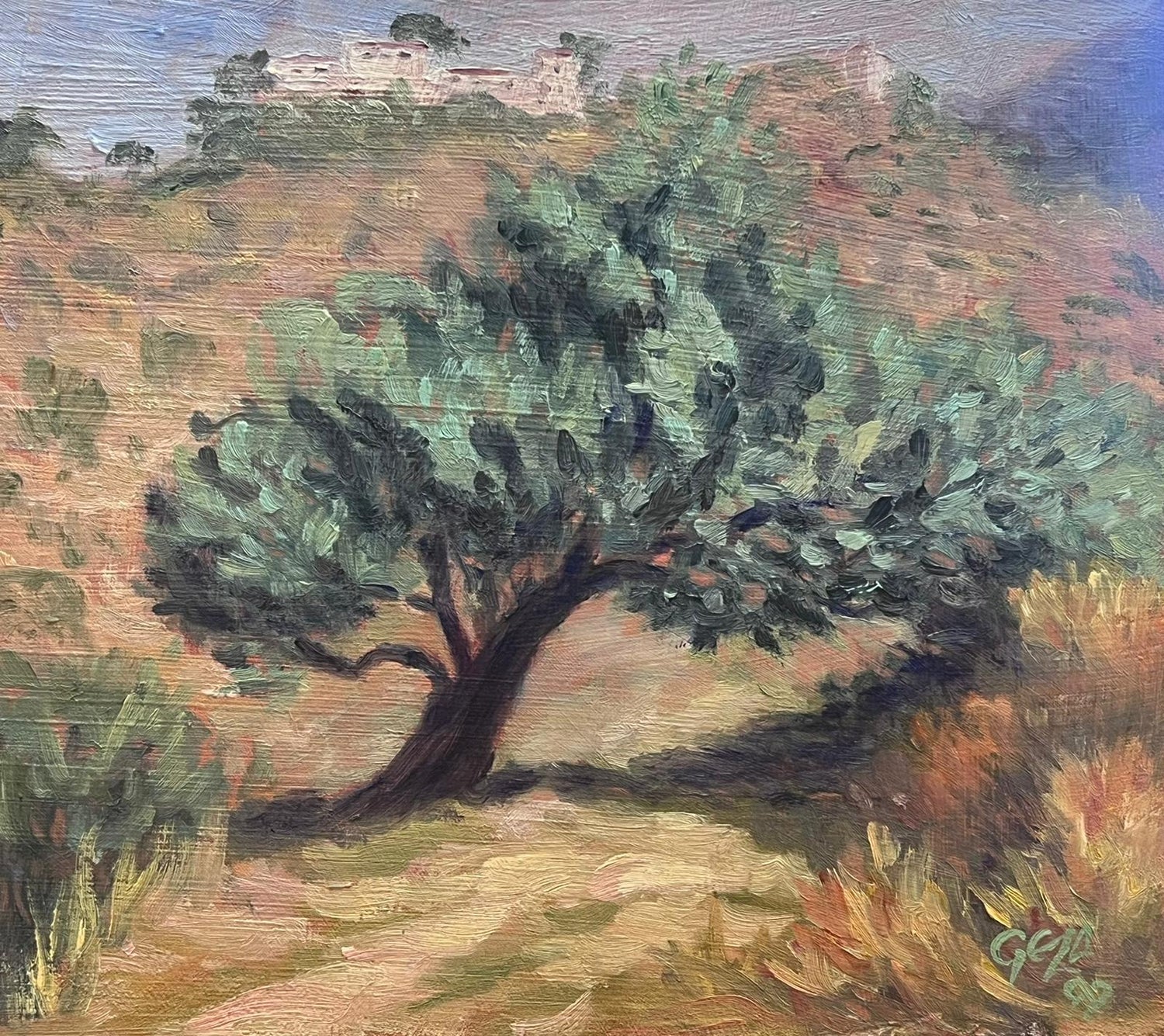 Modernist Picnic Olive Trees Israel Landscape Oil Painting Zvi Livni Israeli Art