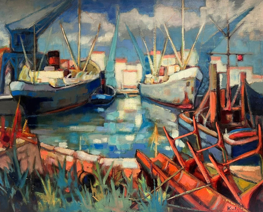 River Walk, American Modernist Oil Painting Landscape with  River and Boats