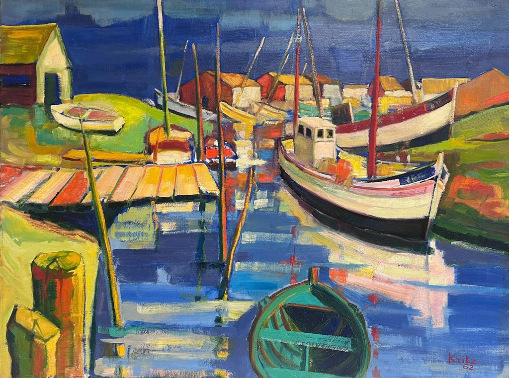 River Walk, American Modernist Oil Painting Landscape with  River and Boats