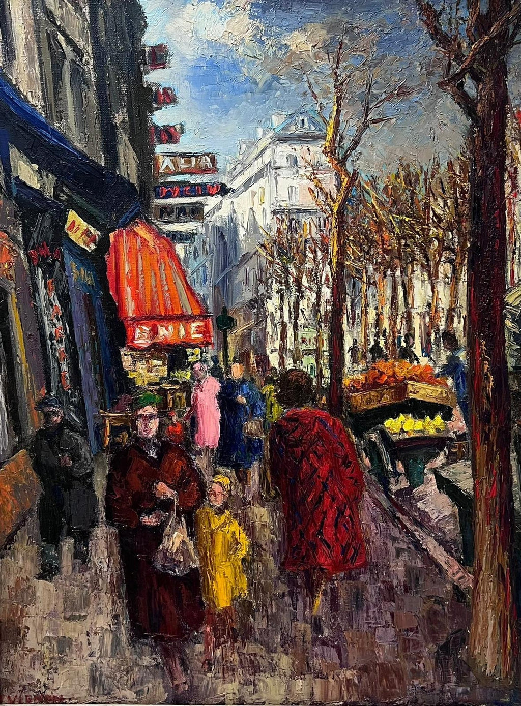 Modernist Oil Painting George Schwacha Brooklyn Street Scene Fruit Market WPA