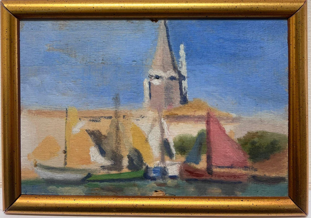1930 Oil Painting Sea Side Sailboats American Modernist WPA Artist Morris Kantor