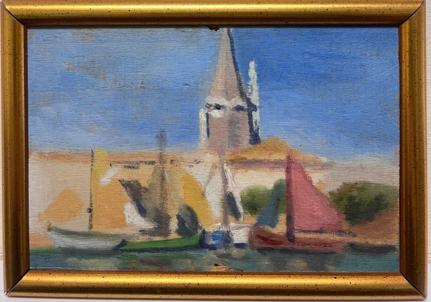 1930 Oil Painting Sea Side Sailboats American Modernist WPA Artist Morris Kantor