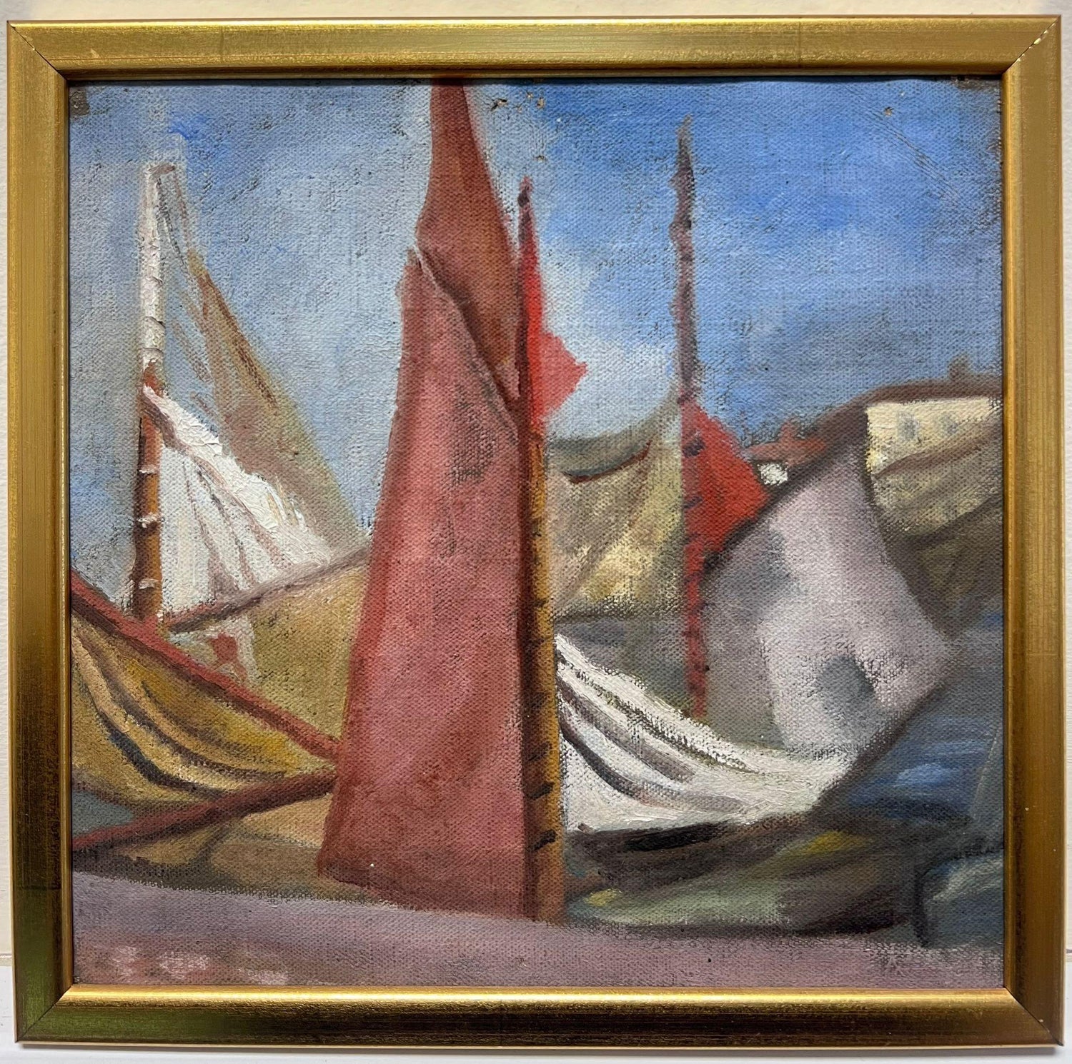 1930 Oil Painting Sea Side Sailboats American Modernist WPA Artist Morris Kantor