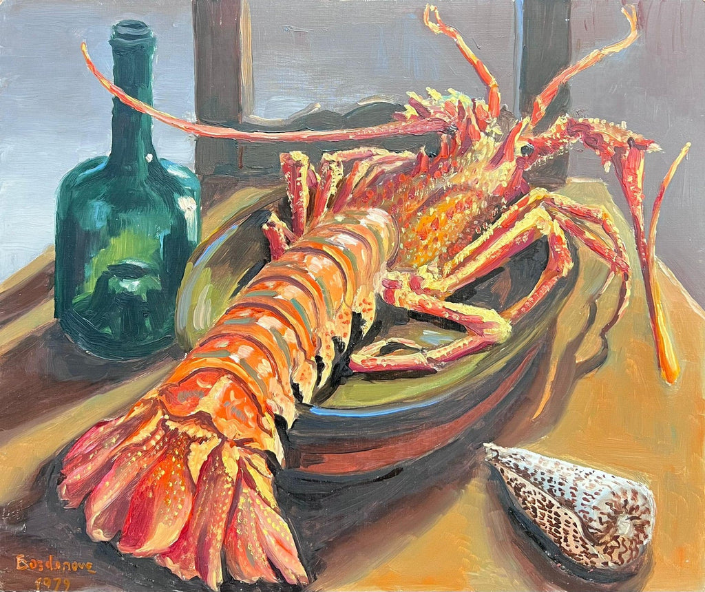 Modernist Oil Painting Still Life Tableaux with Lobster, Pineapple and Clock