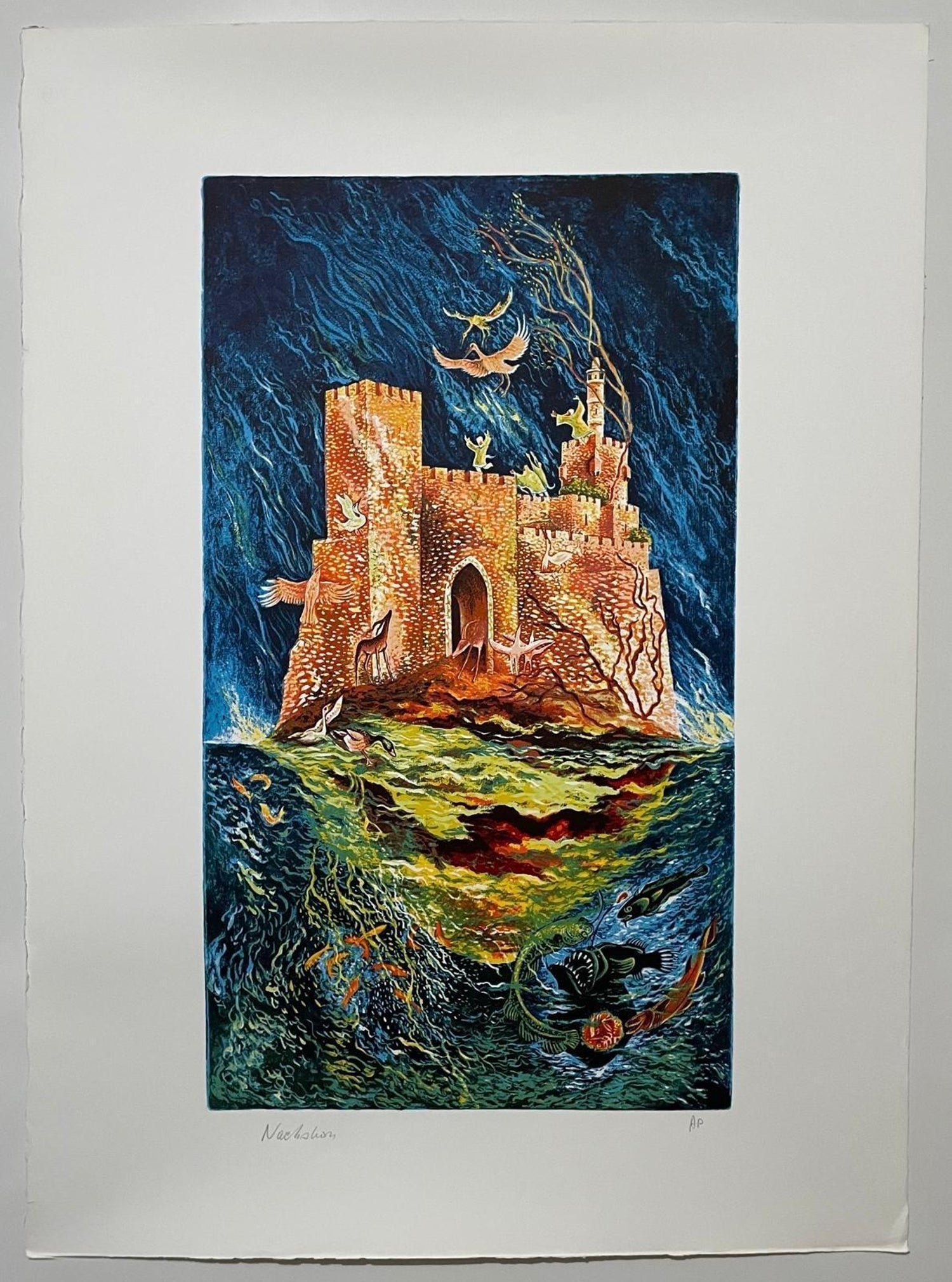 Large Baruch Nachshon Israeli Surrealist Color Lithograph Judaica Israel