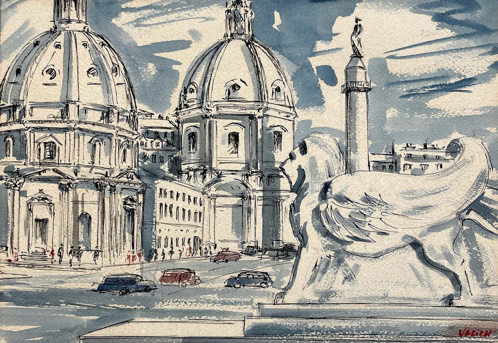 European Architectural Colonnaded Arcade Watercolor Painting