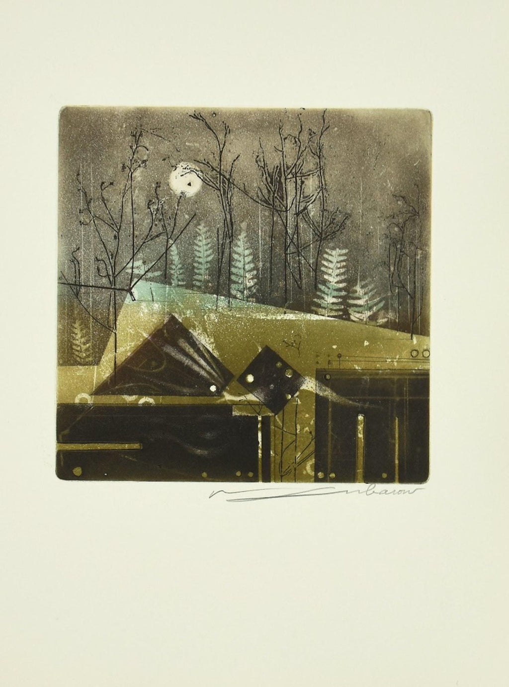 Mystic Cafe, Pyramids Signed Aquatint Etching California Woman Artist Susan Hall