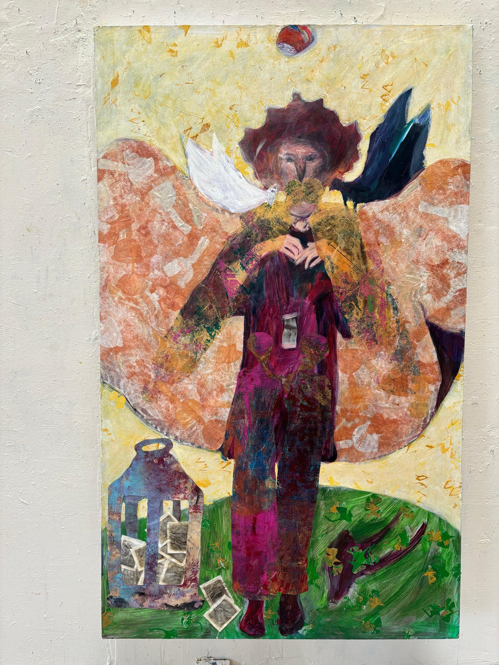 Angel Wings Mixed Media Collage Painting Assemblage Piece Stitched and Sewn