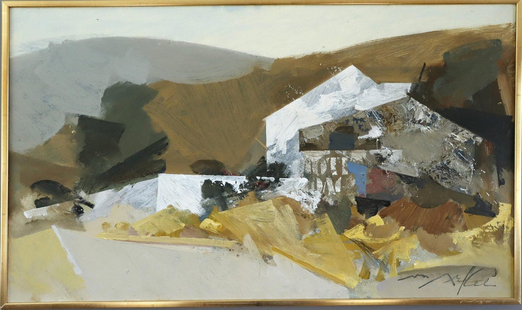 1950's Mid Century French Modernism Abandoned Fiat Automobile Art  Oil Painting