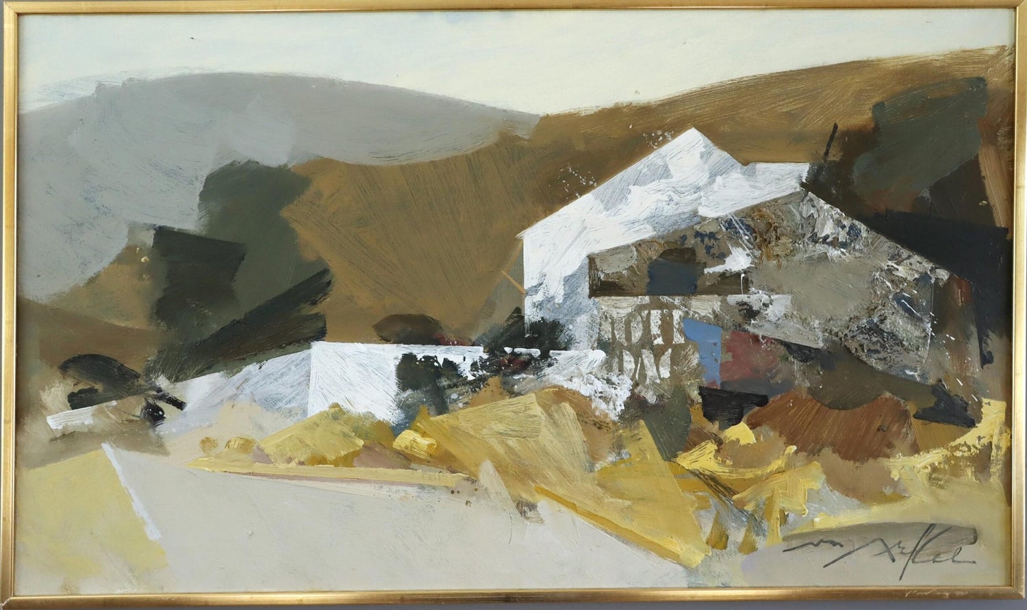 1950's Mid Century French Modernism Abandoned Fiat Automobile Art  Oil Painting