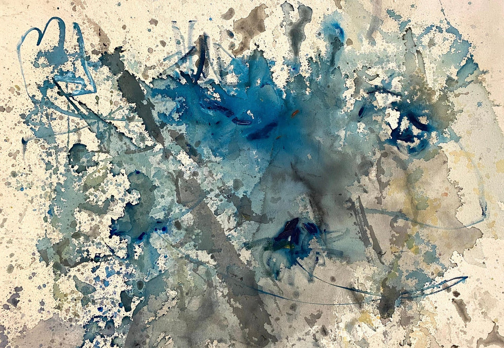 Abstract Expressionist Modernist Blue Grey Monoprint Monotype Painting Print