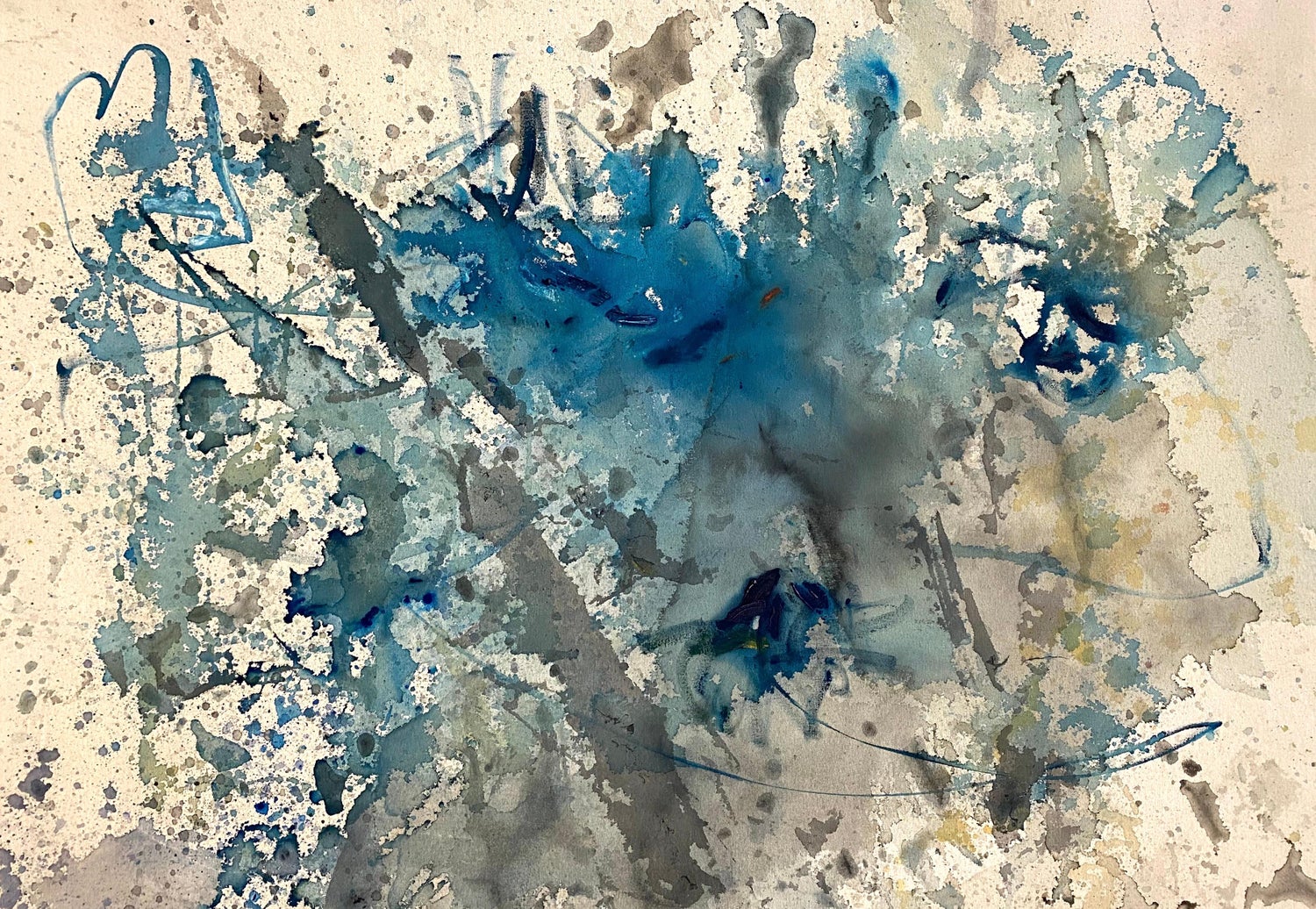 Abstract Expressionist Modernist Blue Grey Monoprint Monotype Painting Print
