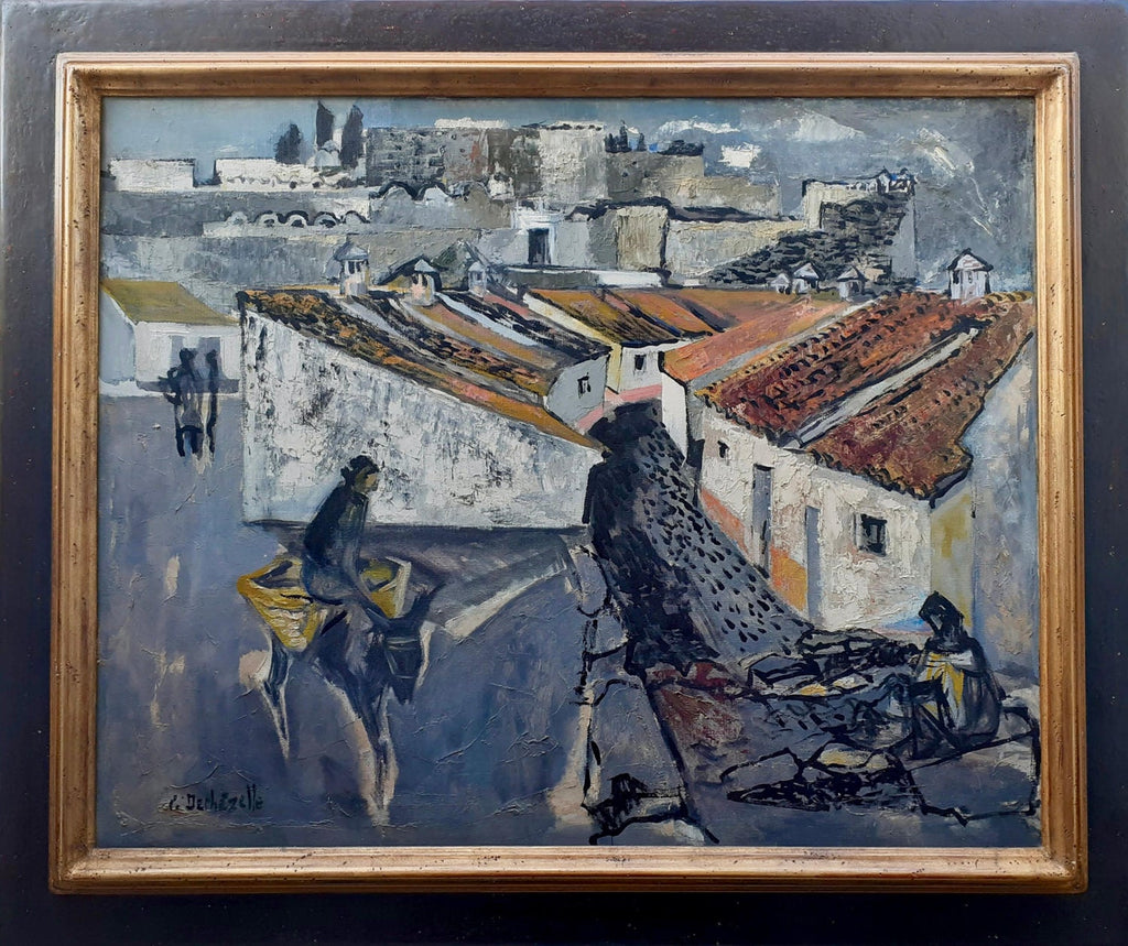 Mid Century Modernist Israeli 'Sabra in Haifa' Landscape Harbor Oil Painting