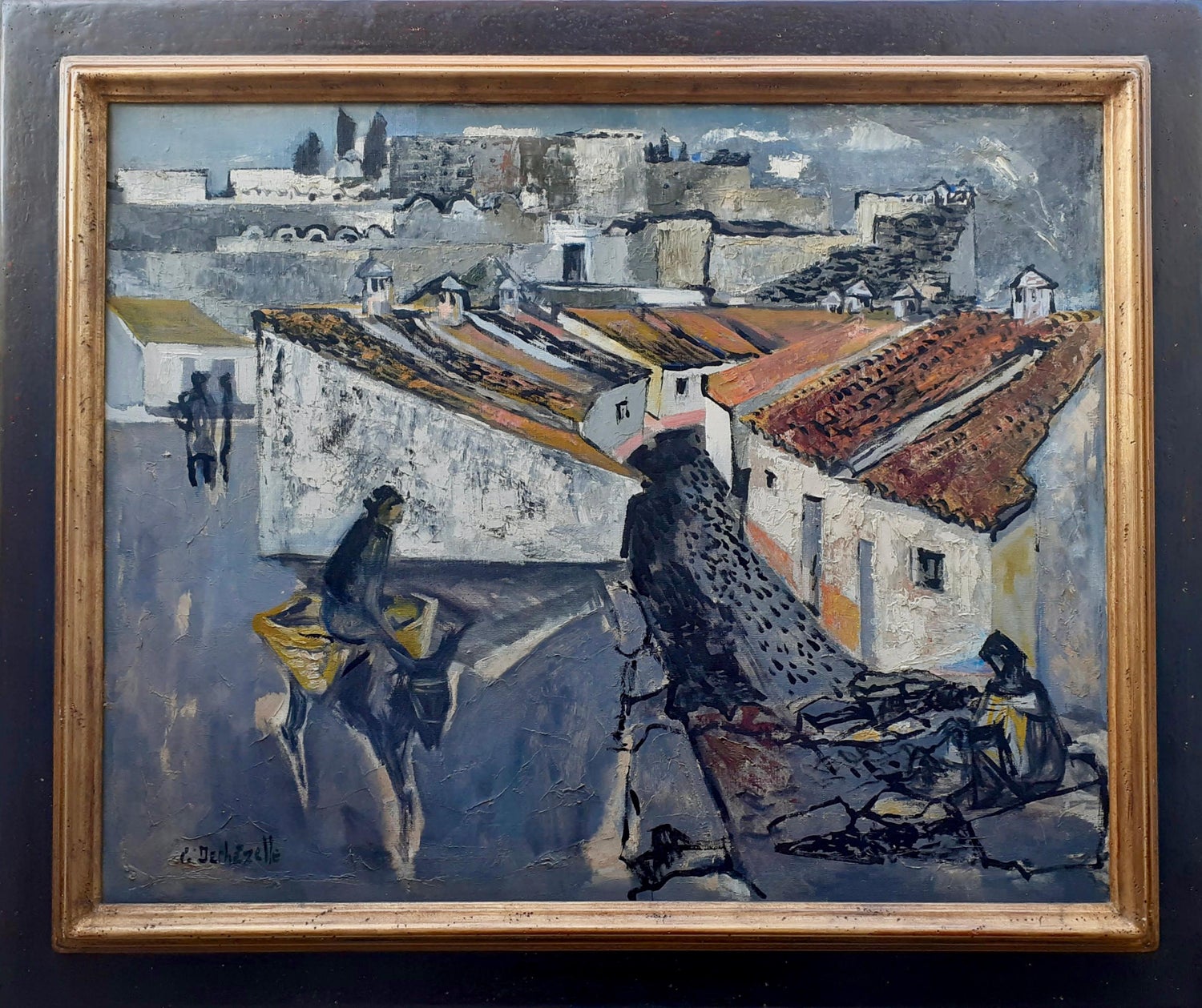 Mid Century Modernist Israeli 'Sabra in Haifa' Landscape Harbor Oil Painting