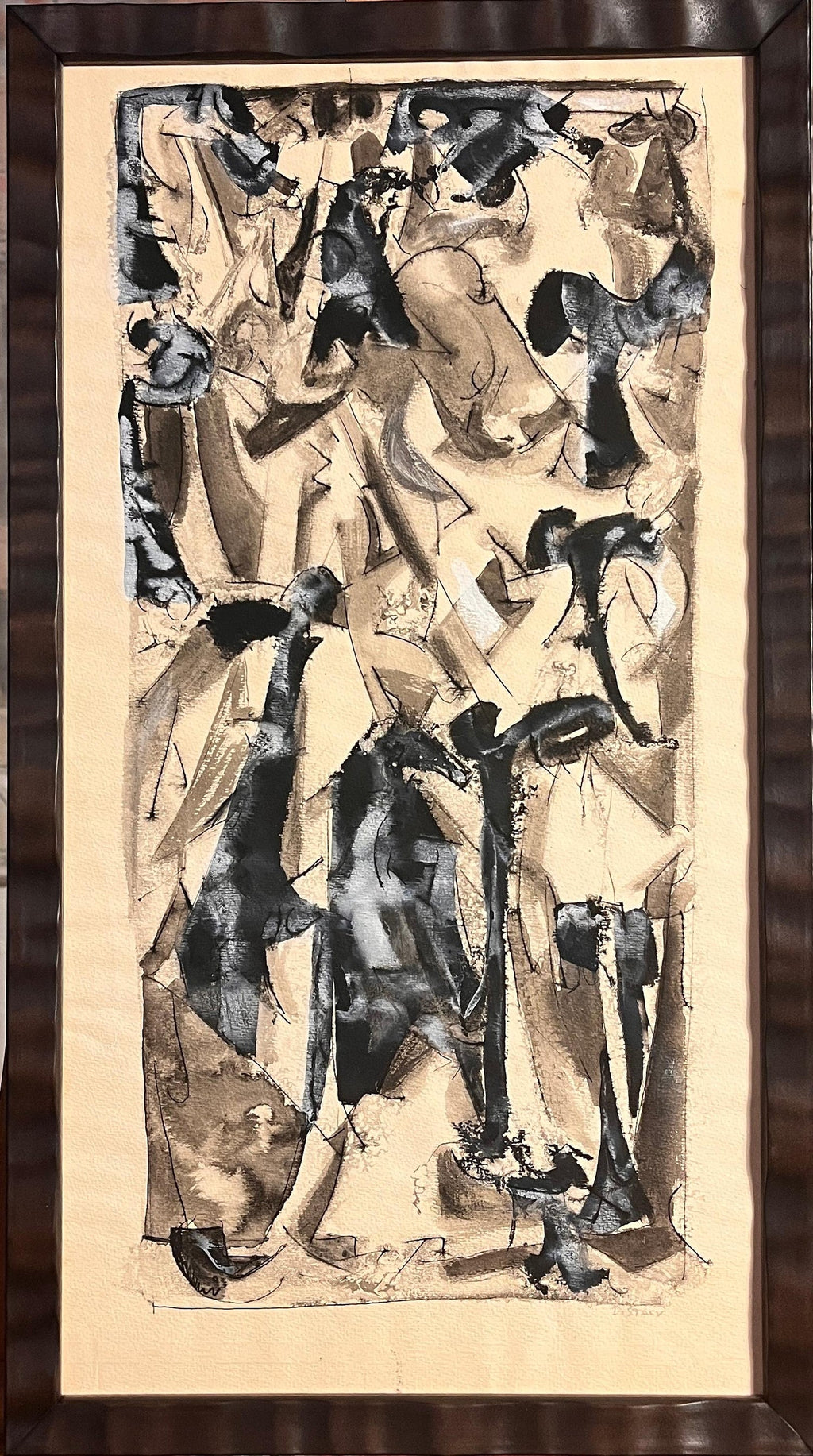 Abstract with Figures Israeli Mid Century Modernist Woodcut Watercolor Painting