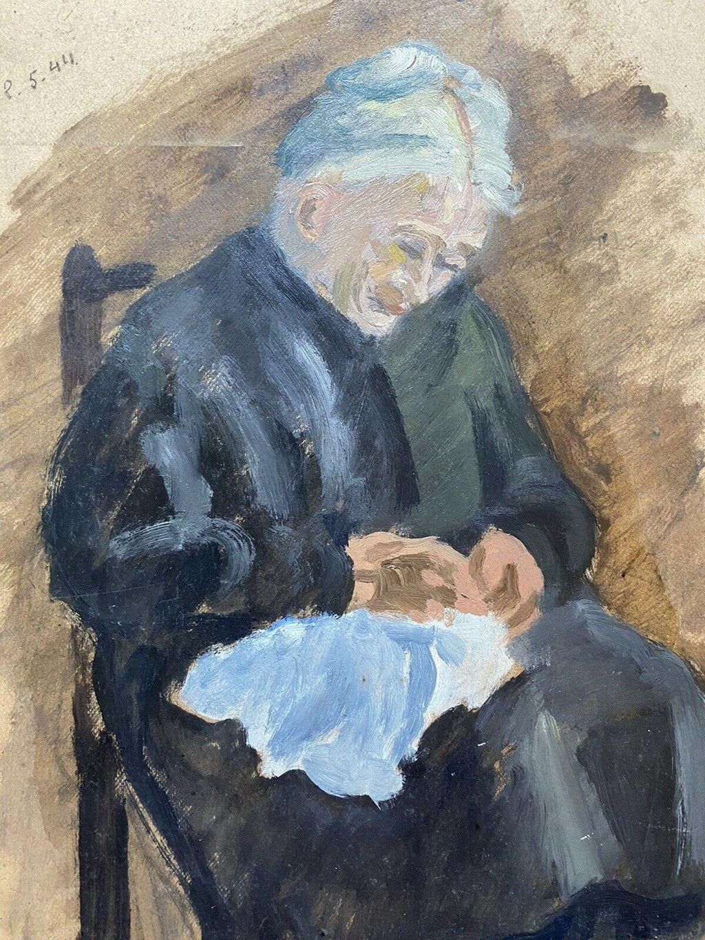 Israeli Judaica Old Jewish Woman Sewing Expressionist Oil Painting