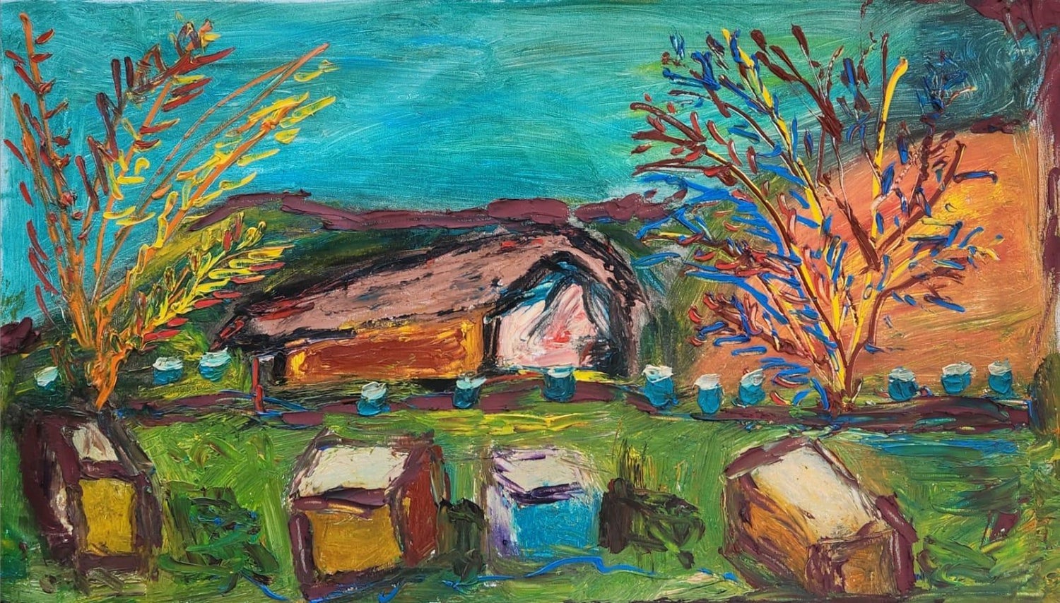 Israeli Modernist Oil Canvas Architecture Painting Dan Kedar, Bezalel Artist