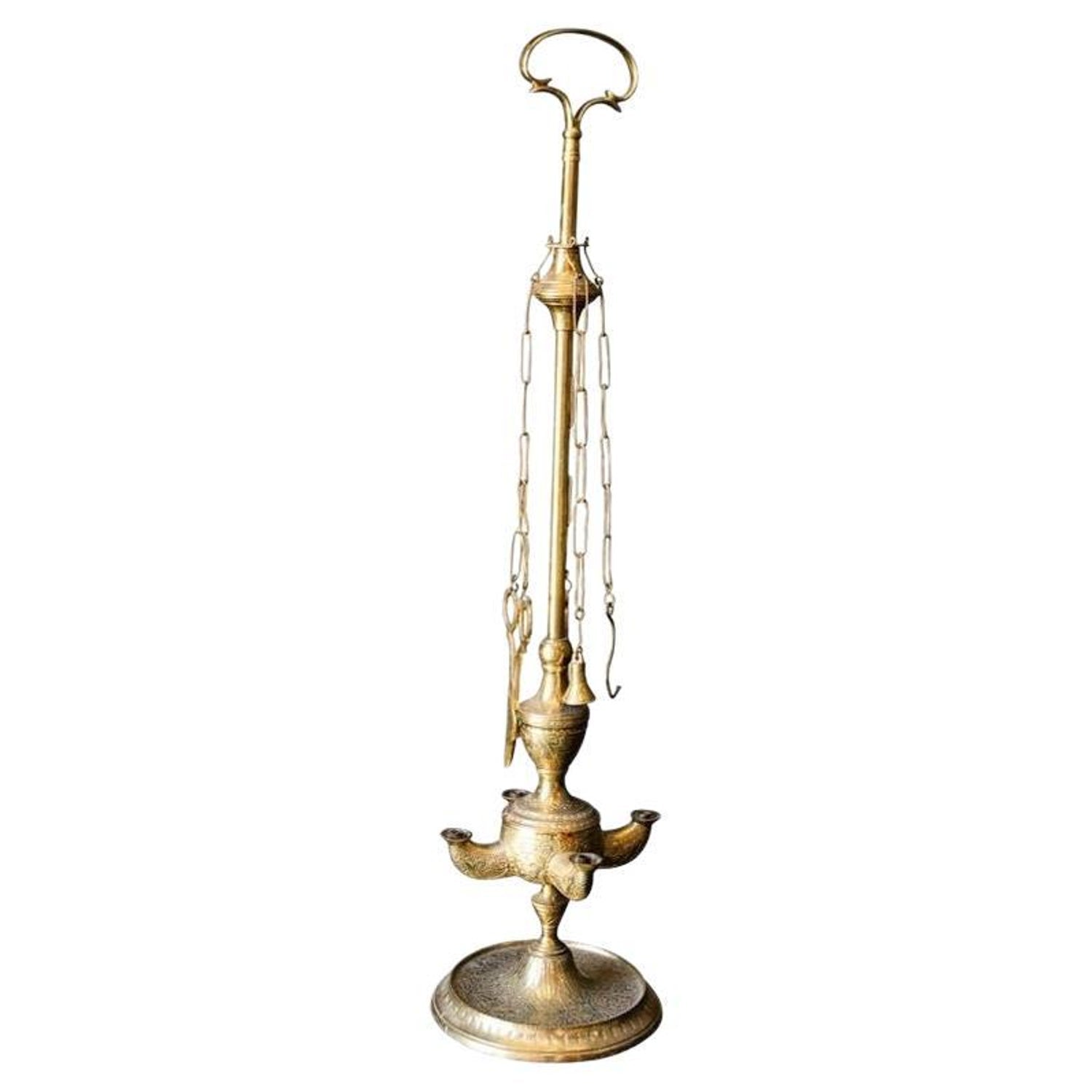 Rare Antique Judaica Hanging Bronze Jewish Synagogue or Temple Oil Lamp w Chain