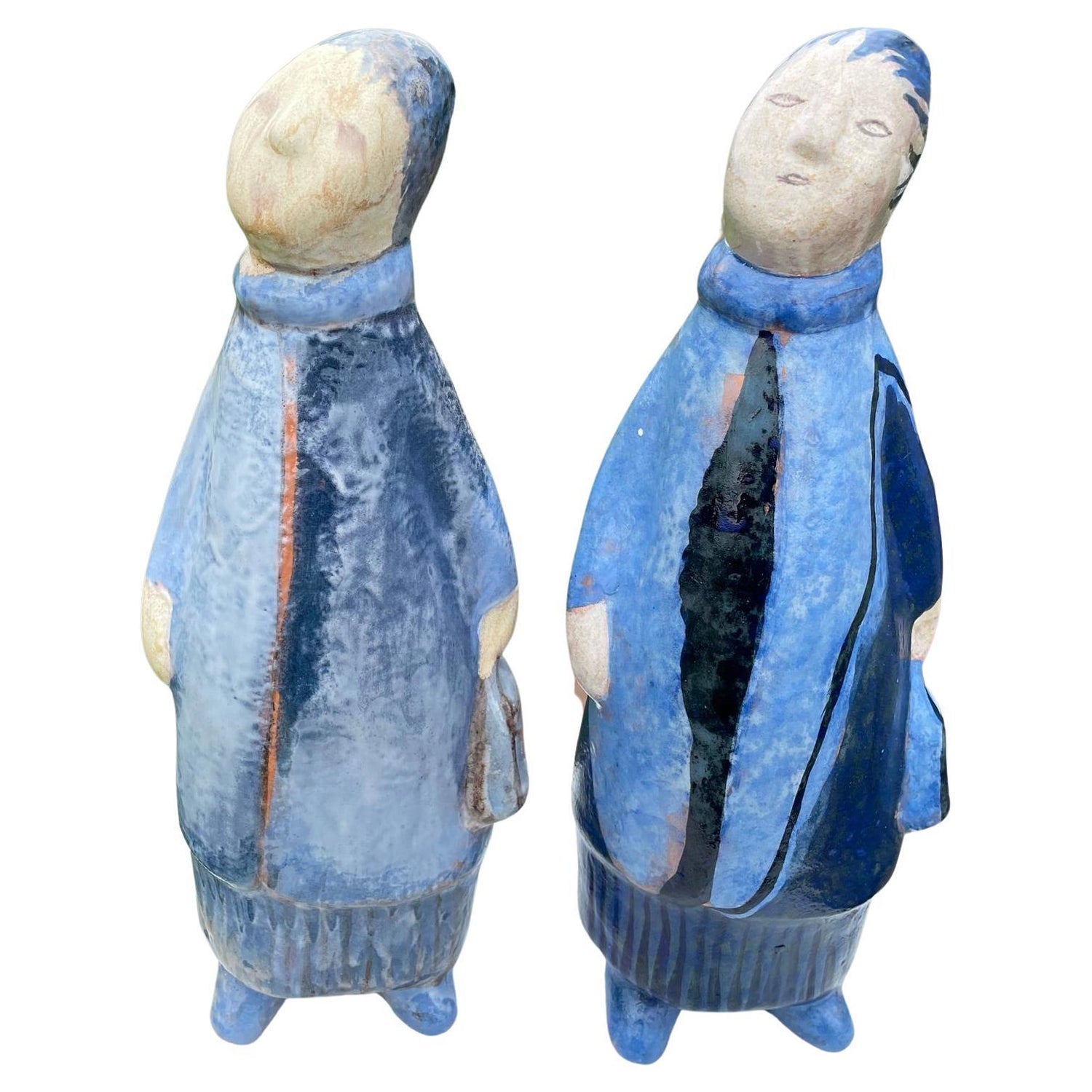 Hand Carved Painted Wood Folk Art Americana Sculpture Pair American Gothic