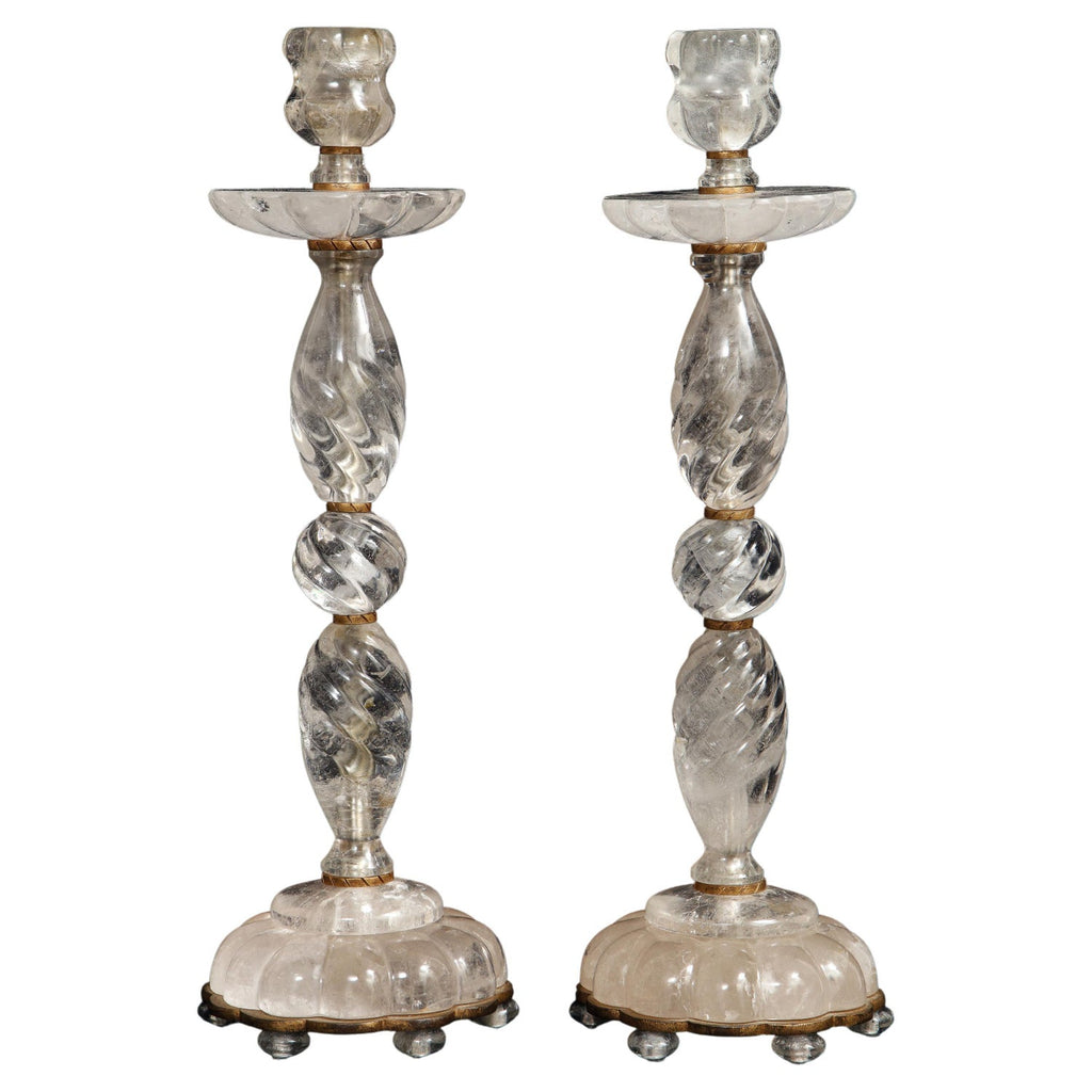 1970s French Brass & Raw Mineral Agate Specimen Sculpture Art Candlesticks Pair