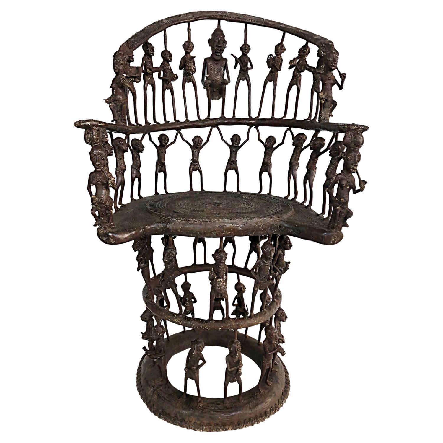 Rare African Solid Benin Bronze Ceremonial Throne Chair Multi Figure Sculpture