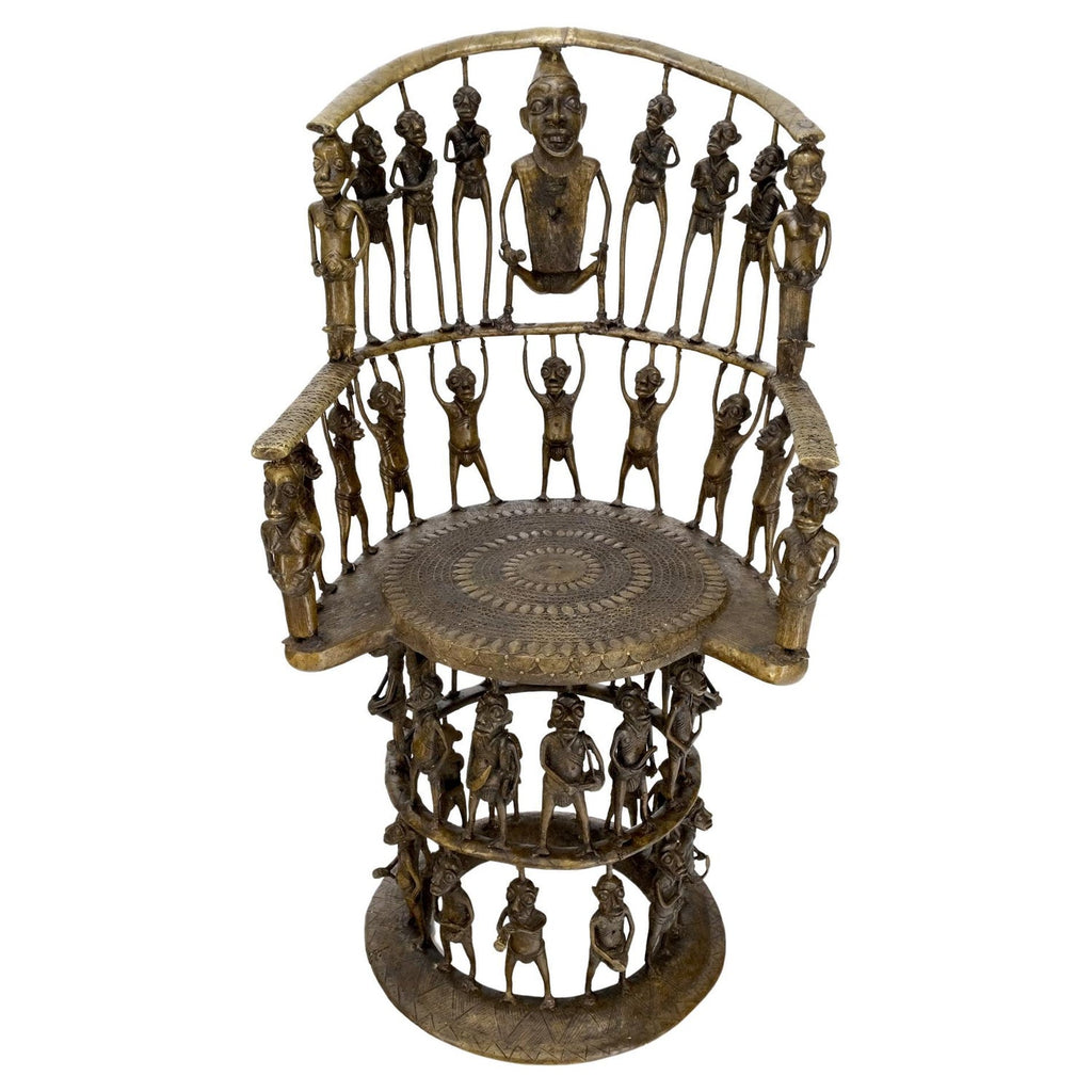 Rare African Solid Benin Bronze Ceremonial Throne Chair Multi Figure Sculpture