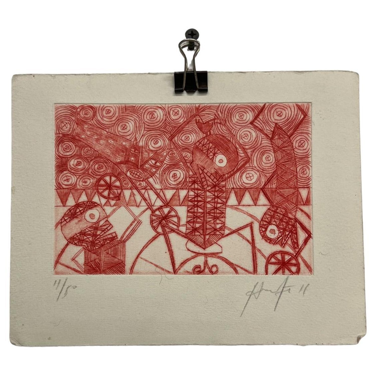 Mexican Modernist Kite Painting, Stencil, Woodcut Print Hand Signed
