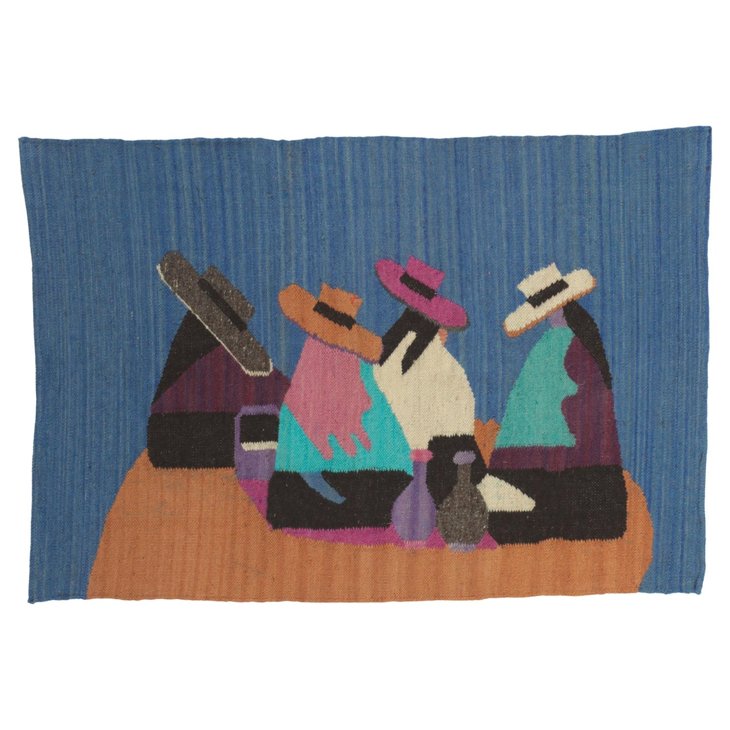 Vintage Handwoven Tapestry Wool, Metal Folk Art Rug Weaving Wall Hanging