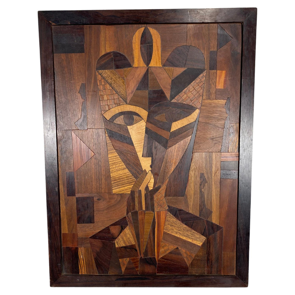 1970s  Large Wood, Copper Inlay Sculpture Wall Relief Tropical Flowers Motif