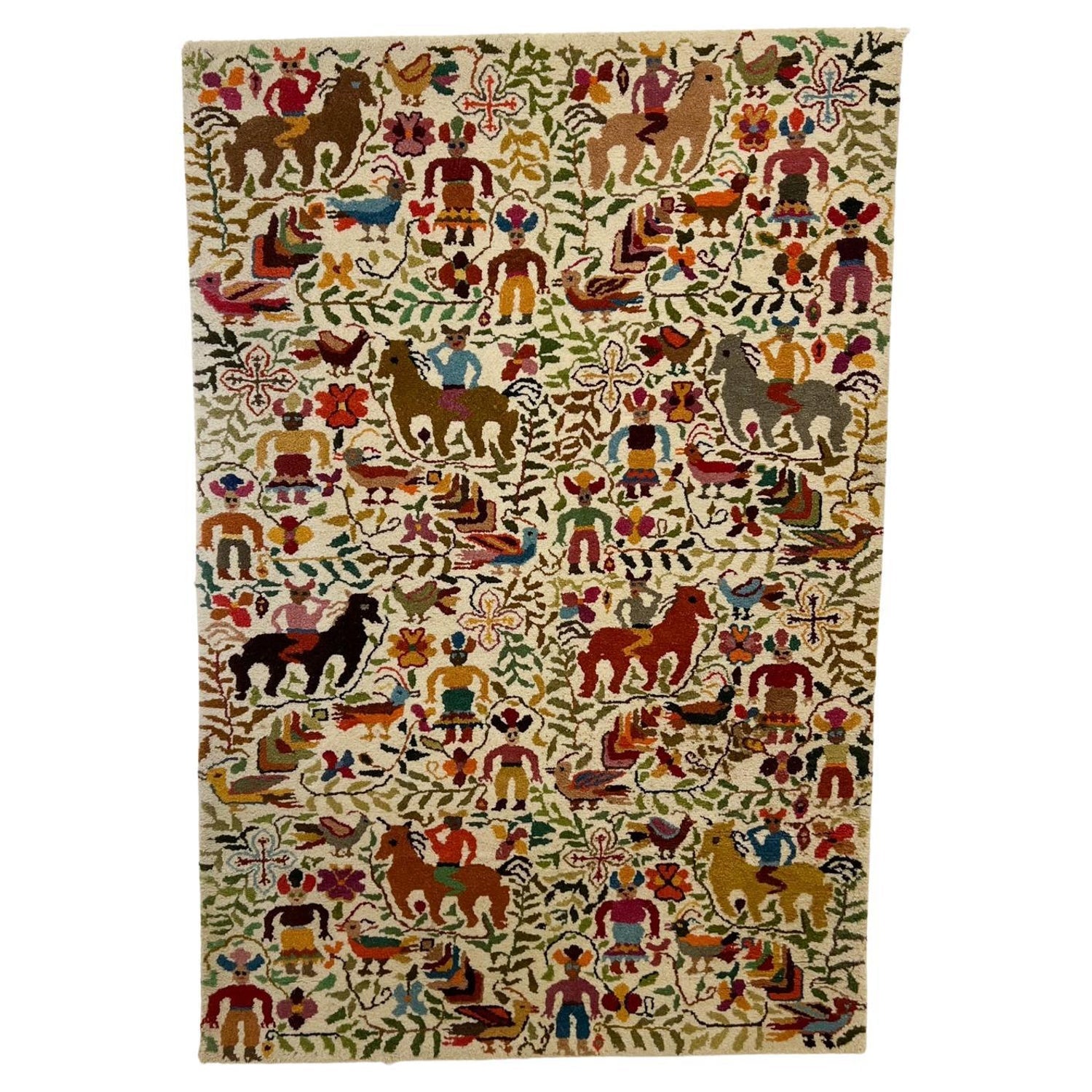Vintage Handwoven Tapestry Wool, Metal Folk Art Rug Weaving Wall Hanging