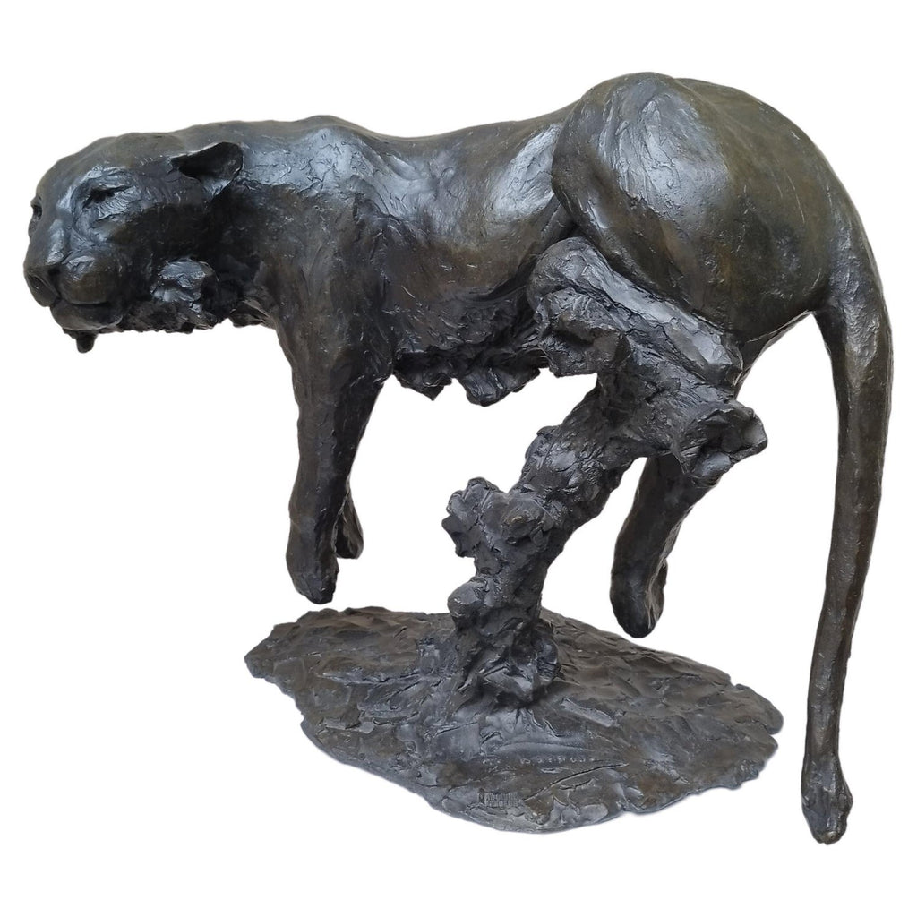 Polish Modernist Man Leaping Leopard Bronze Expressionist Art Sculpture