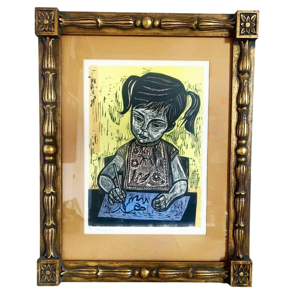 Hand Colored Etching Cuca Romley Naive Folk Art Young Girl Period Frame