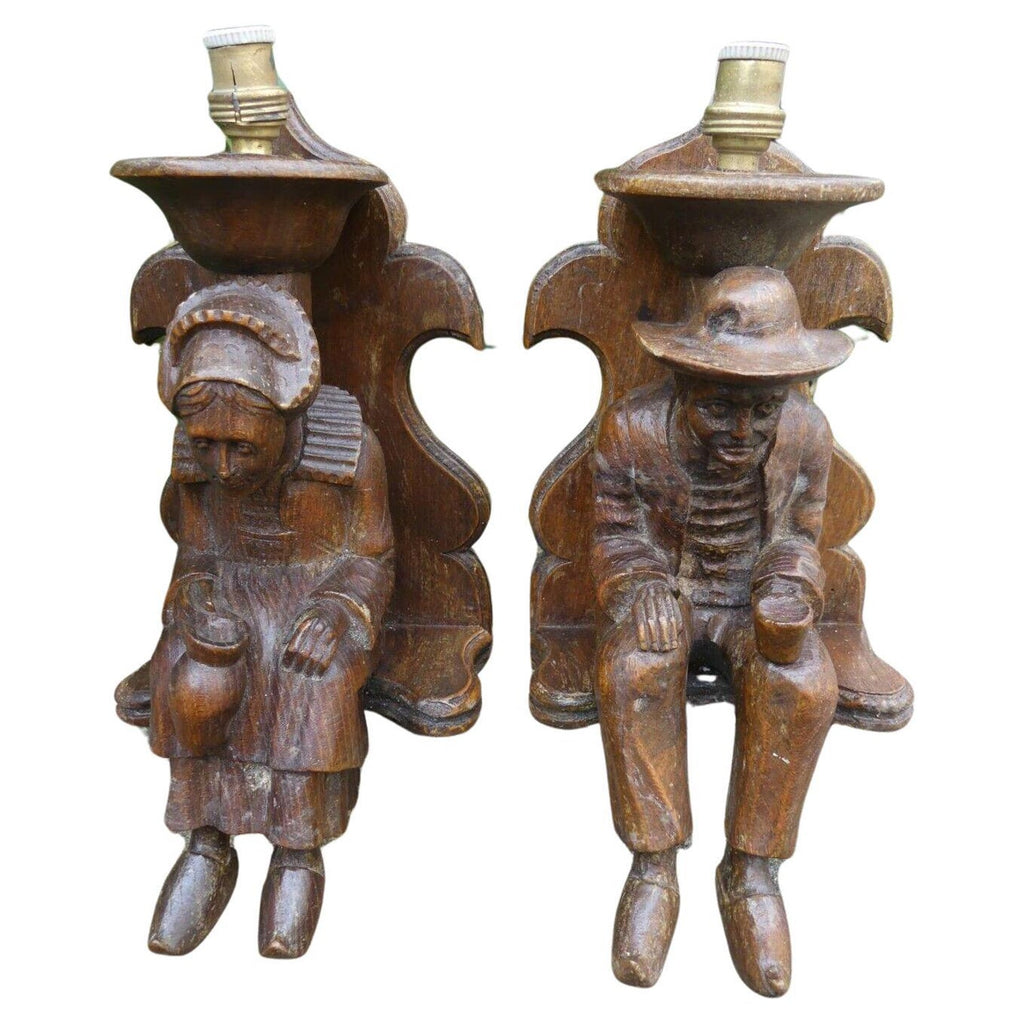 Hand Carved Painted Wood Folk Art Americana Sculpture Pair American Gothic