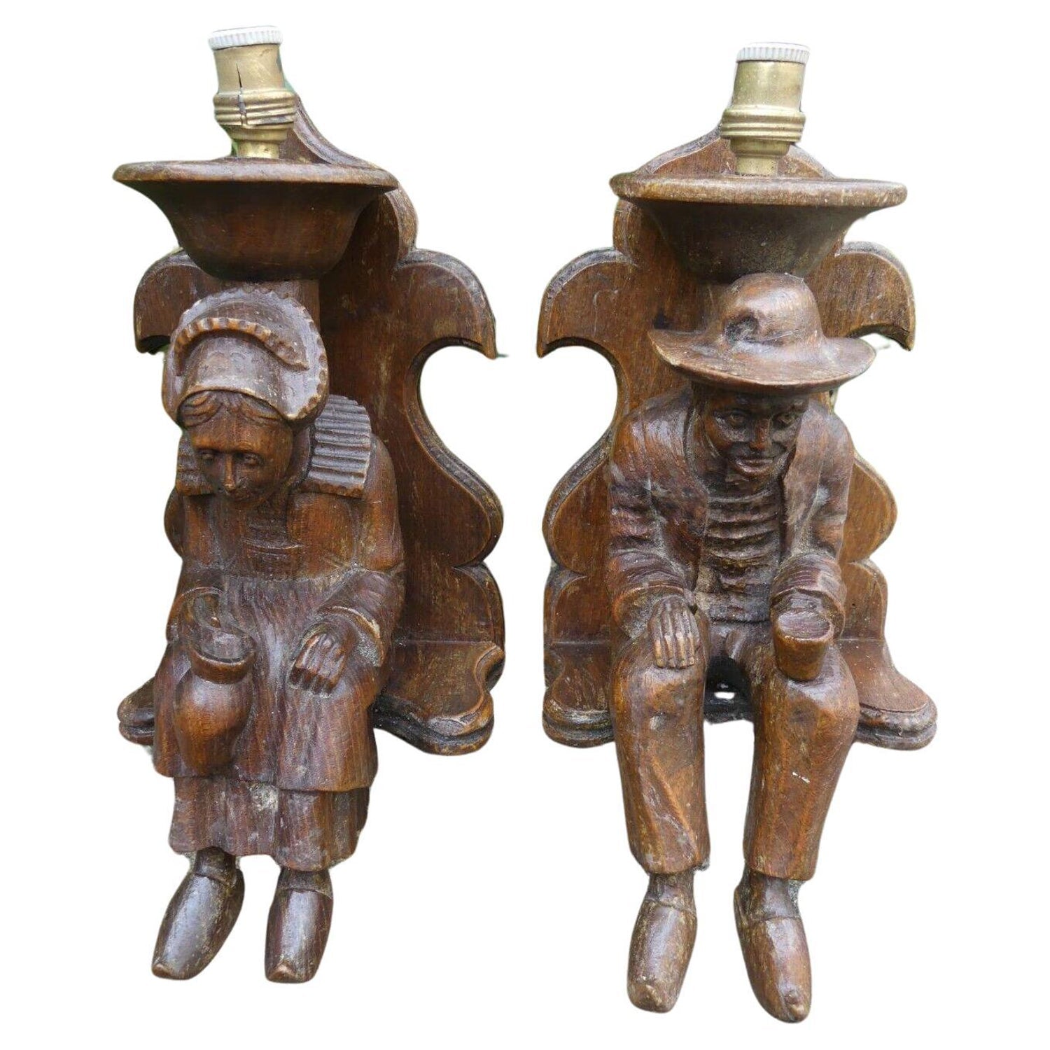 Hand Carved Painted Wood Folk Art Americana Sculpture Pair American Gothic