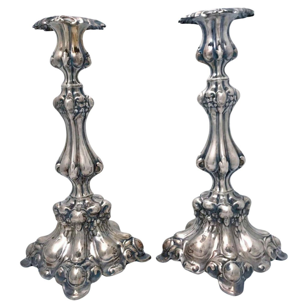 Rare 19th C. Antique Silver Judaica Shabbat Candlesticks Polish Russian, Szekman