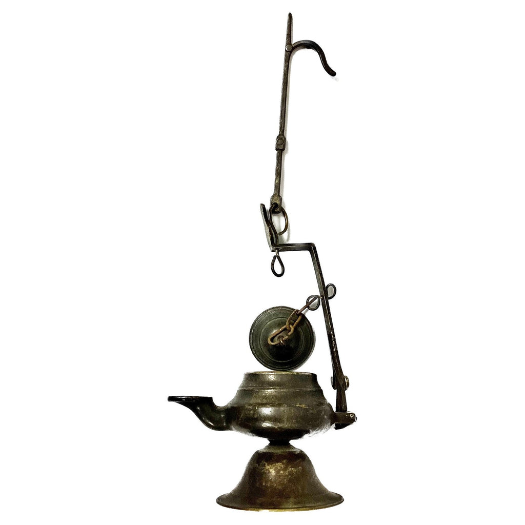 Rare Antique Judaica Hanging Bronze Jewish Synagogue or Temple Oil Lamp w Chain