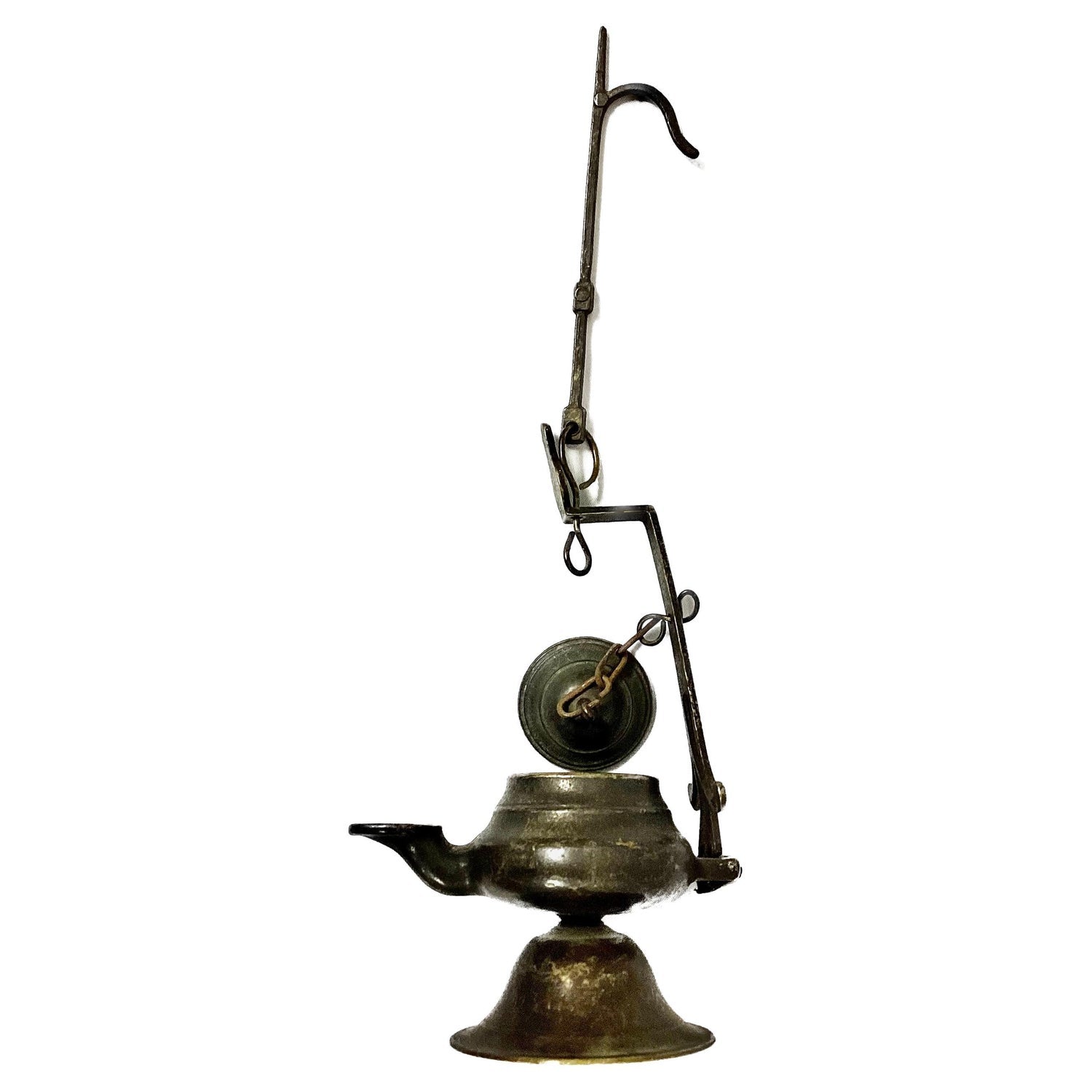 Rare Antique Judaica Hanging Bronze Jewish Synagogue or Temple Oil Lamp w Chain