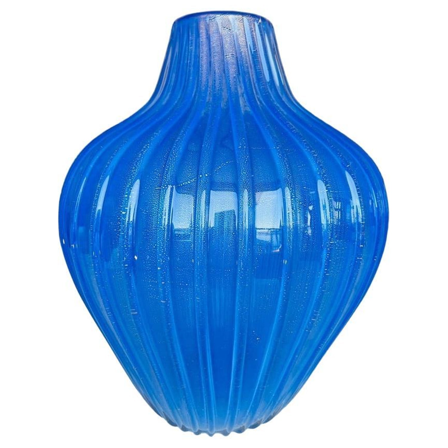 Seguso Murano Italian Art Glass Cobalt Gold Aventurine Footed Vase Sculpture