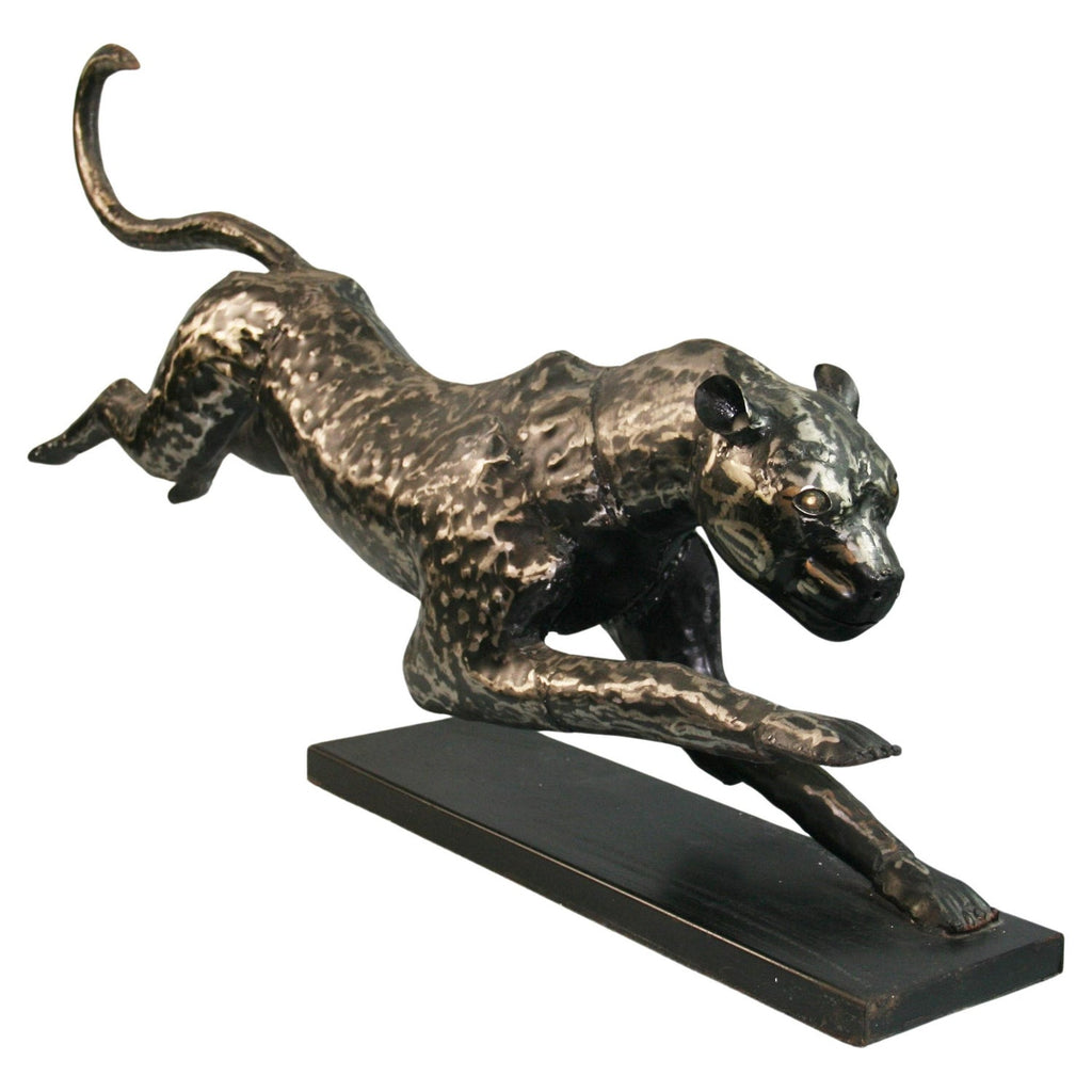 Polish Modernist Man Leaping Leopard Bronze Expressionist Art Sculpture