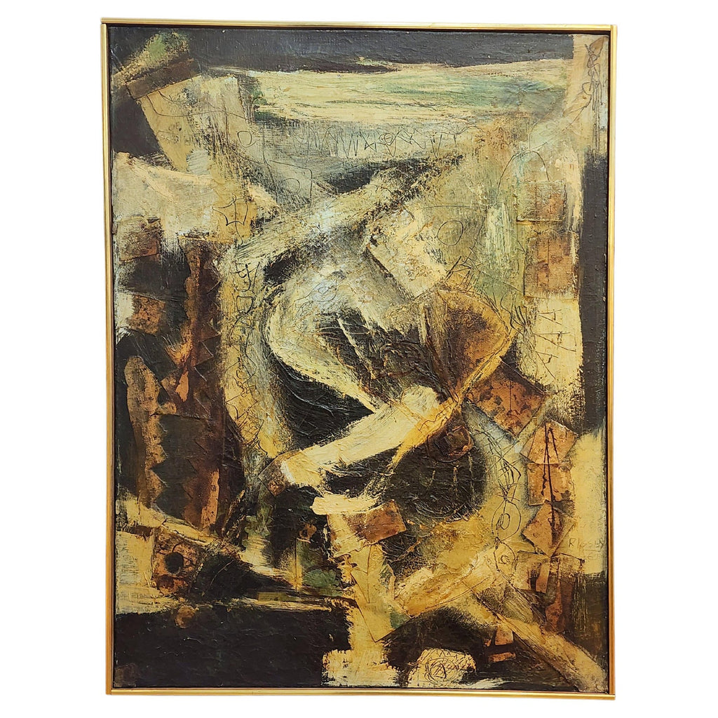 Signed Castro Abstract Expressionist 1960s Latin American Oil Painting Collage